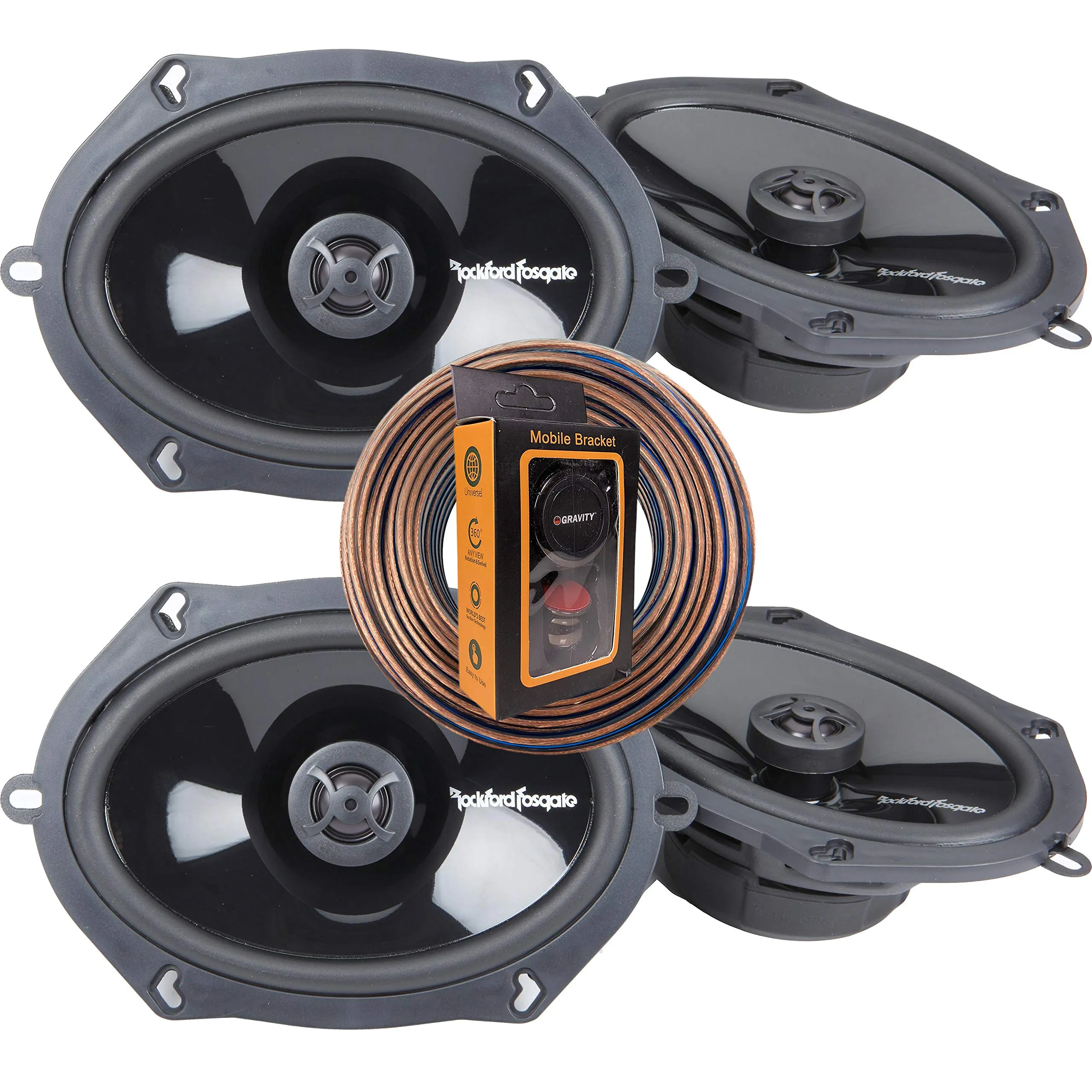 2 Pairs of Rockford Fosgate Punch P1572 240W Peak (120W Rms) 5" X 7"/ 6" X 8" Punch Series 2-Way Coaxial Speakers - 4 Speakers   100Ft Speaker Wire   Gravity Magnet Phone Holder