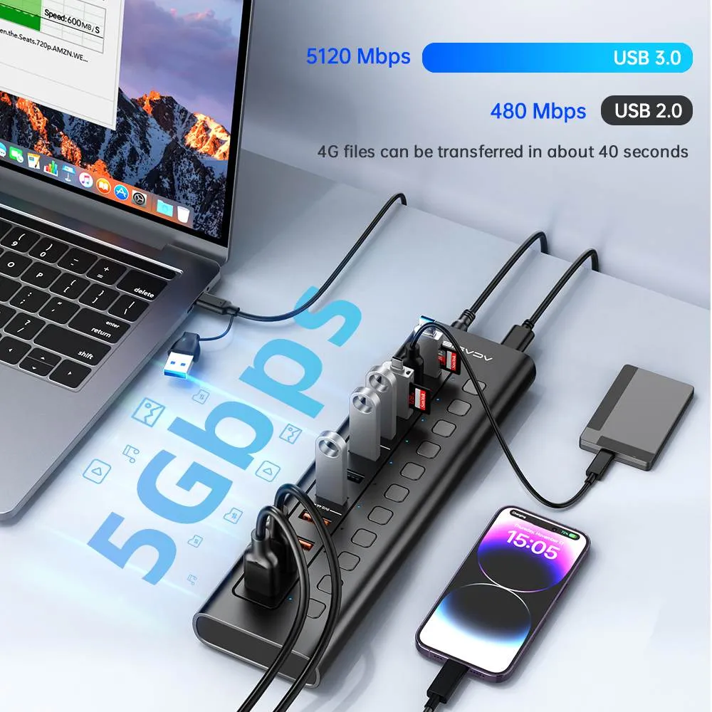 Acasis 11 Port USB-C 5Gbps Smart Charging Hub Splitter Powered Switch