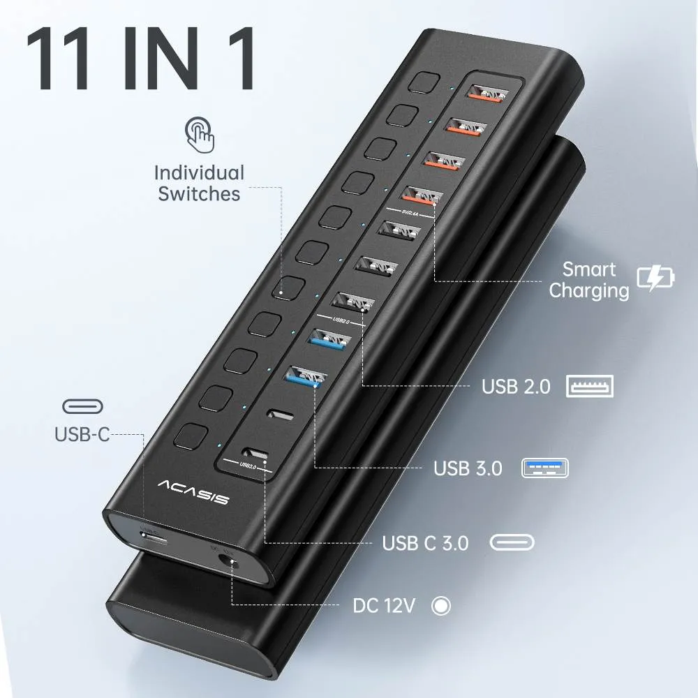 Acasis 11 Port USB-C 5Gbps Smart Charging Hub Splitter Powered Switch