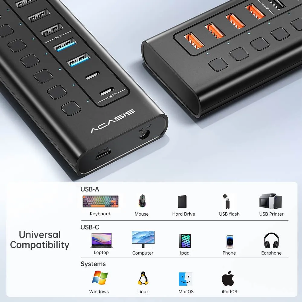 Acasis 11 Port USB-C 5Gbps Smart Charging Hub Splitter Powered Switch