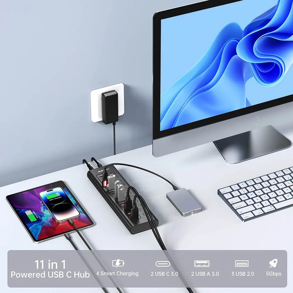 Acasis 11 Port USB-C 5Gbps Smart Charging Hub Splitter Powered Switch