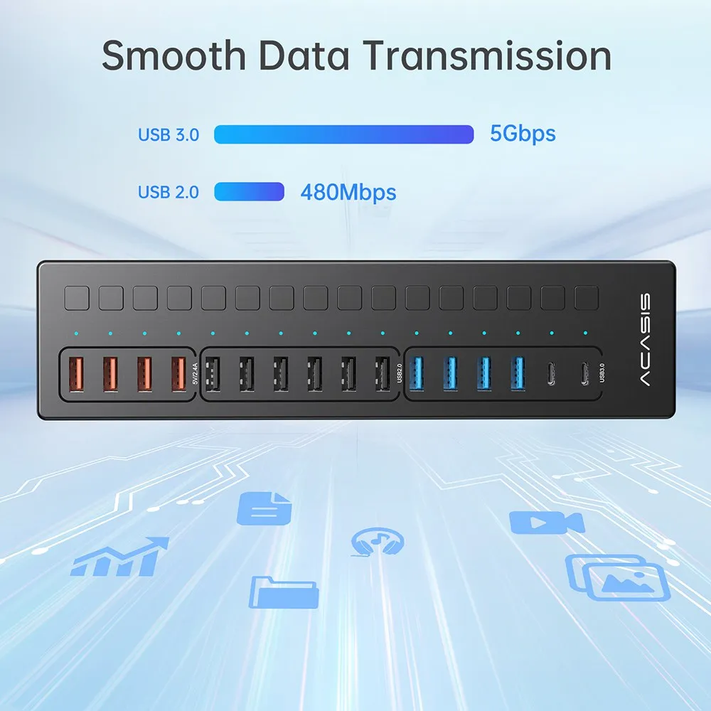 Acasis 16 Port USB-C 5Gbps Smart Charging Hub Splitter Powered Switch