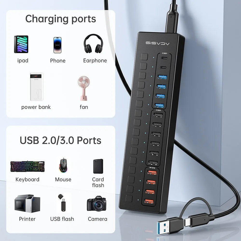 Acasis 16 Port USB-C 5Gbps Smart Charging Hub Splitter Powered Switch