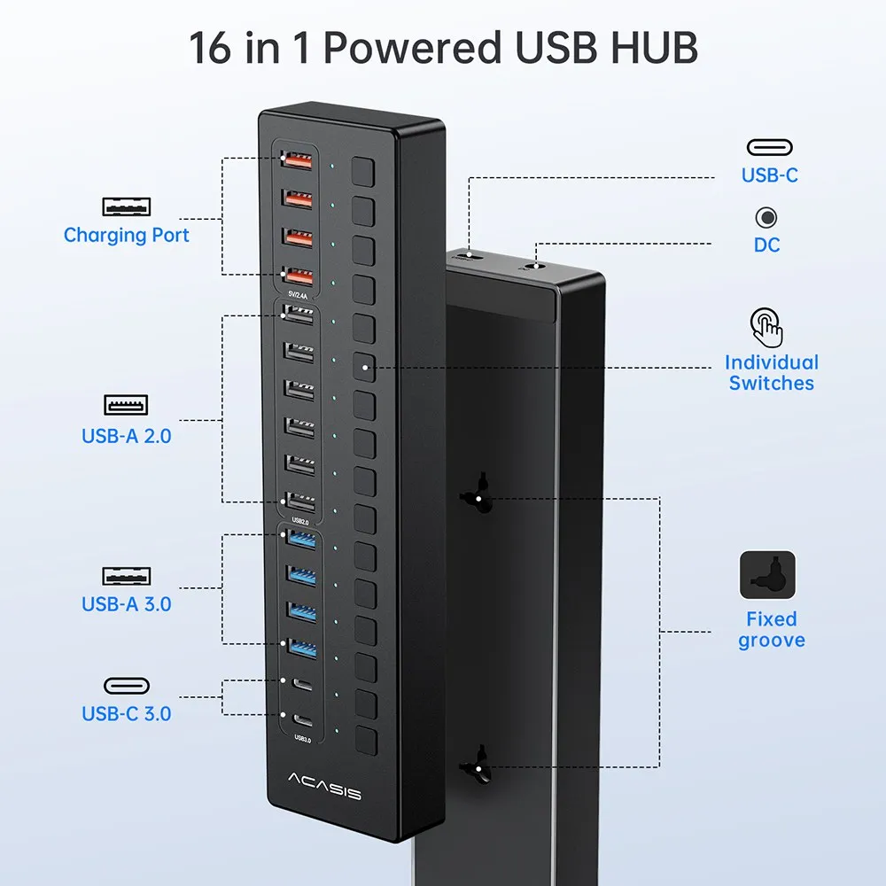 Acasis 16 Port USB-C 5Gbps Smart Charging Hub Splitter Powered Switch