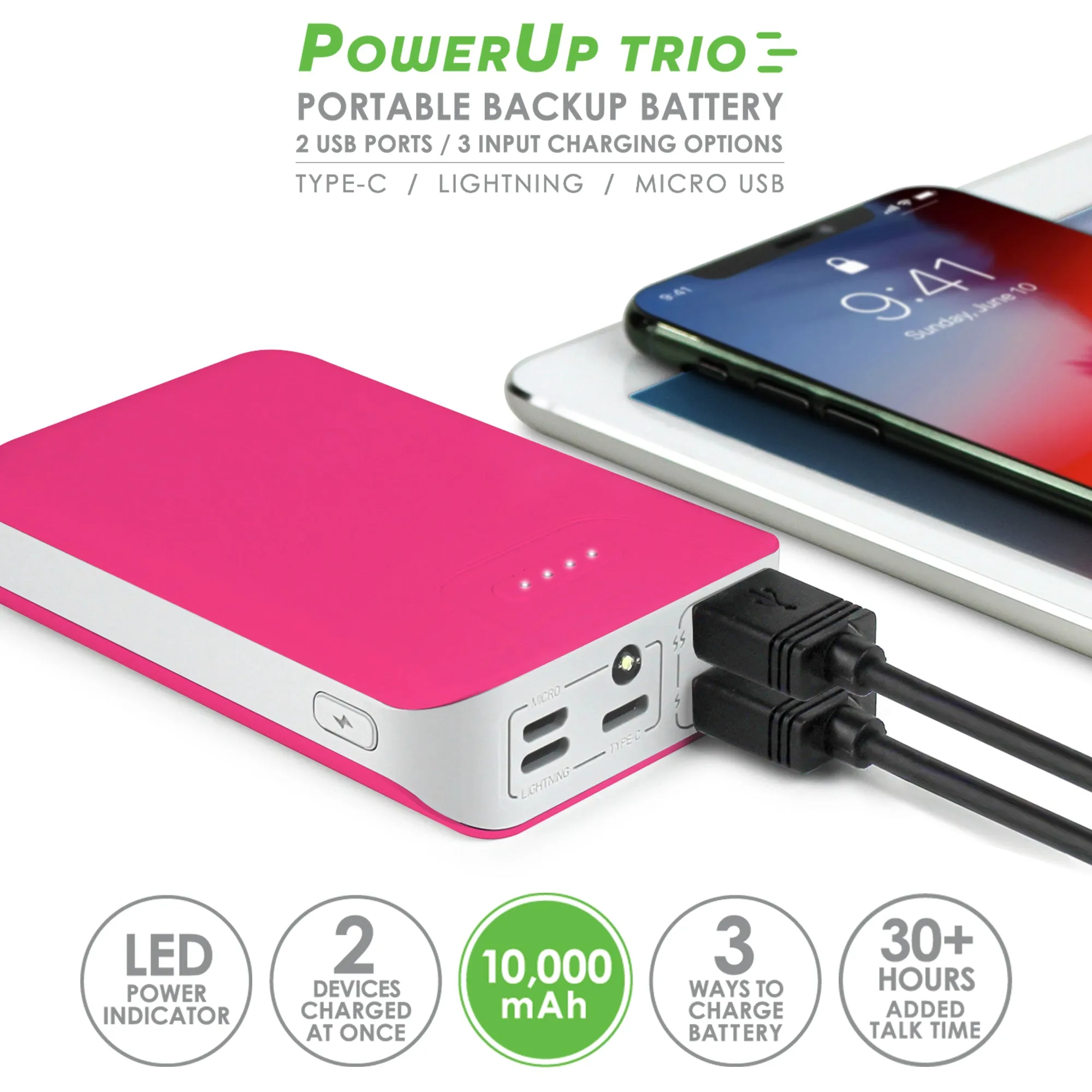 Aduro PowerUp Trio 10,000 mAh SmartCharge Dual USB Backup Battery