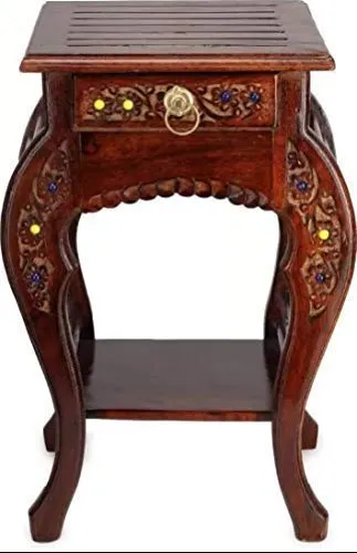 ARMAN ART & CRAFT - Quality is our Priority Interior Furniture Handicrafts Arman Art & Craft Natural Wood Antique Look Side Table With Drawer For Living Room (Brown, 14 X 14 X 21 Inch)