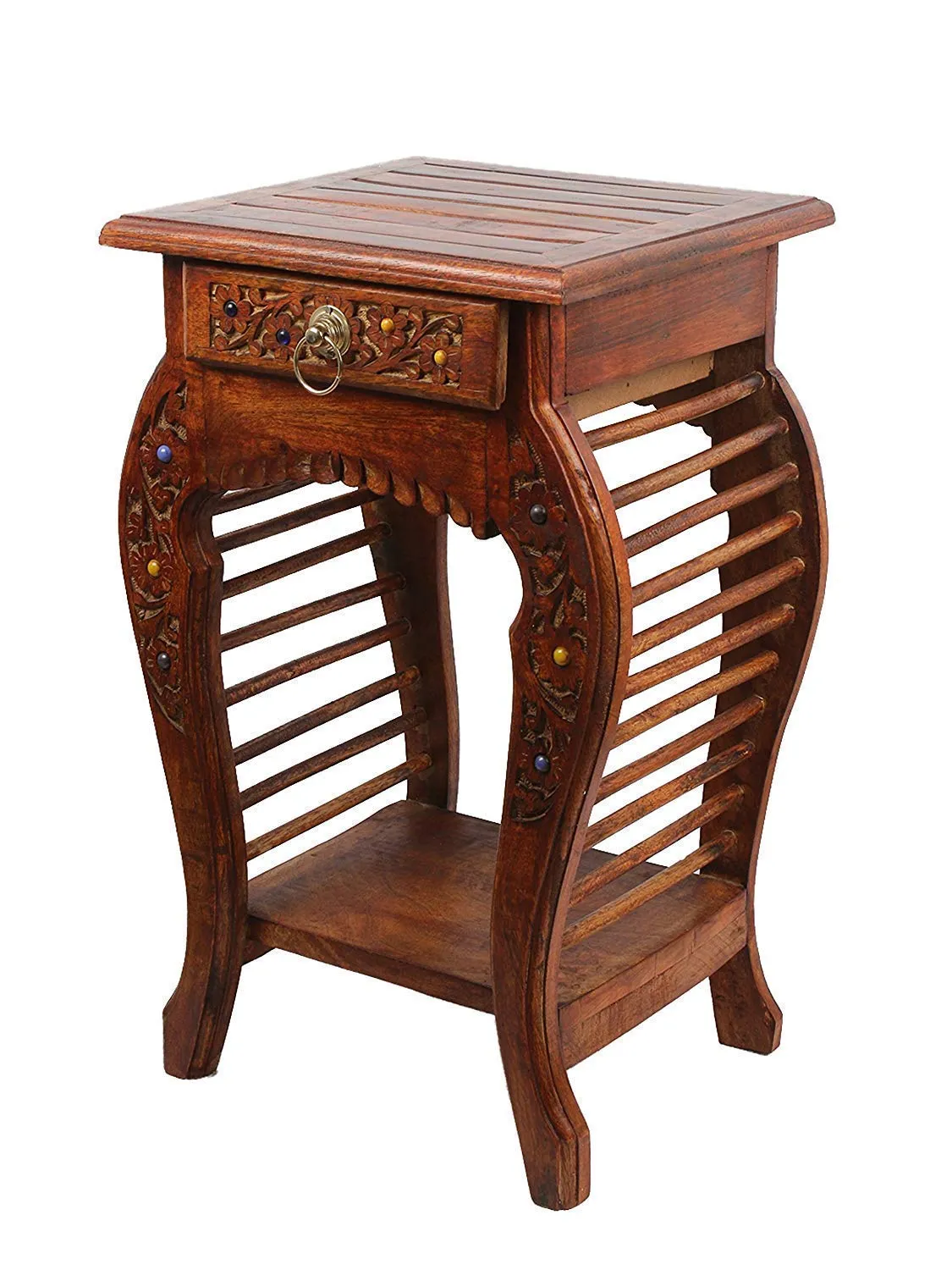 ARMAN ART & CRAFT - Quality is our Priority Interior Furniture Handicrafts Arman Art & Craft Natural Wood Antique Look Side Table With Drawer For Living Room (Brown, 14 X 14 X 21 Inch)