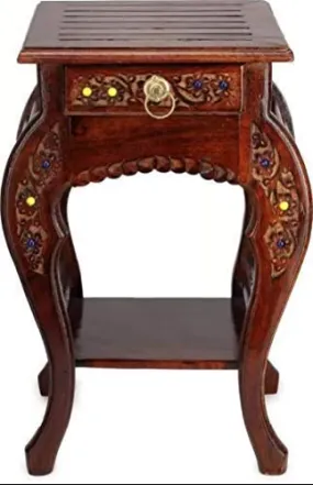 ARMAN ART & CRAFT - Quality is our Priority Interior Furniture Handicrafts Arman Art & Craft Natural Wood Antique Look Side Table With Drawer For Living Room (Brown, 14 X 14 X 21 Inch)