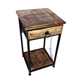 Bedside Table/Sitting Sofa Side Stool with Drawer/Shelf Storage/Natural Wooden Iron Base Medium Size for Bedroom/Living Room/Kitchen Stool (11X11X 19 INCHES)