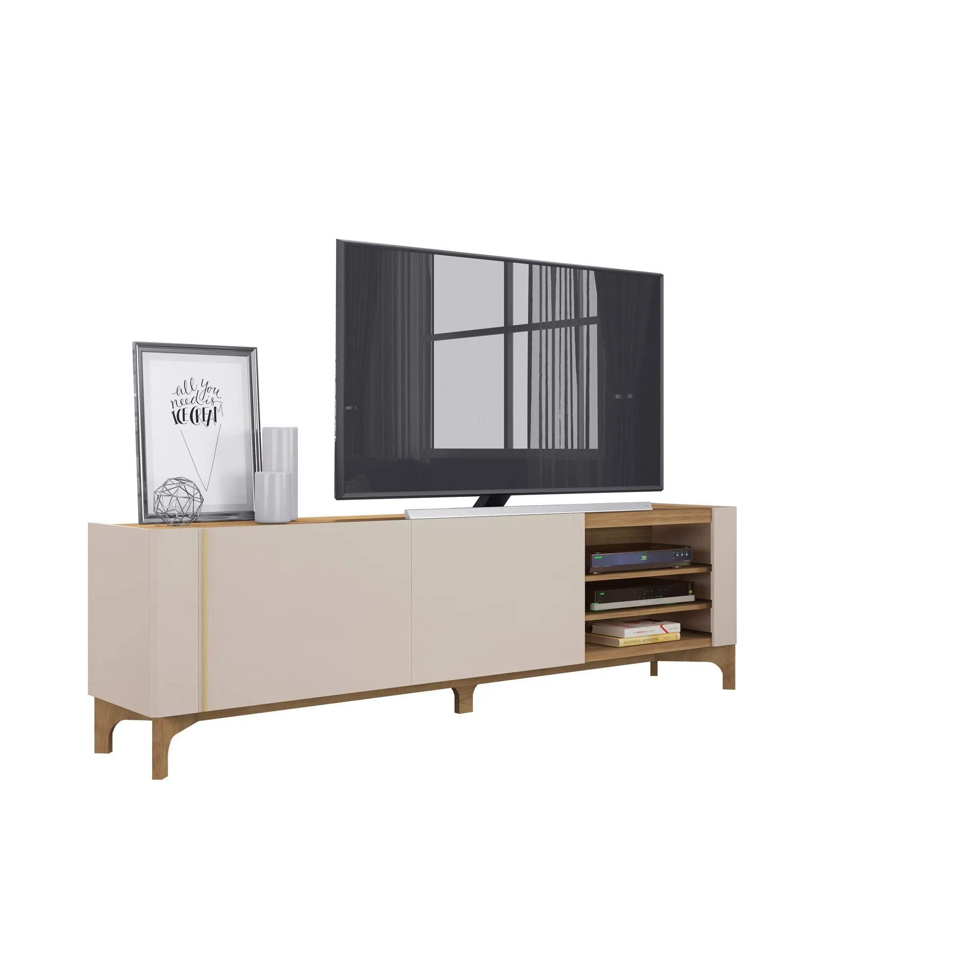 Gowanus 79.92 Modern TV Stand with Media Shelves and Solid Wood Legs in Off White