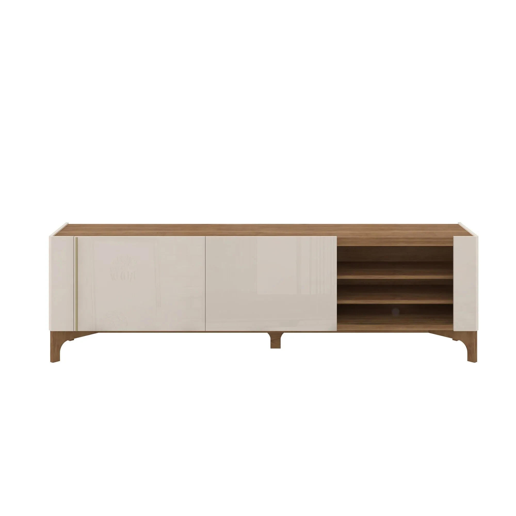 Gowanus 79.92 Modern TV Stand with Media Shelves and Solid Wood Legs in Off White