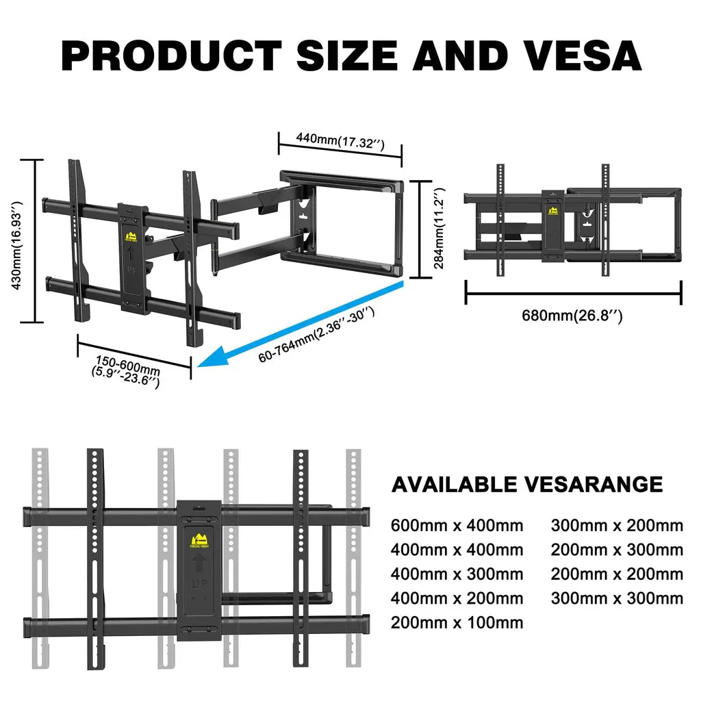 Long Reach TV Wall Bracket, Mount Swivel Tilt Corner TV Bracket with 765mm long Arm
