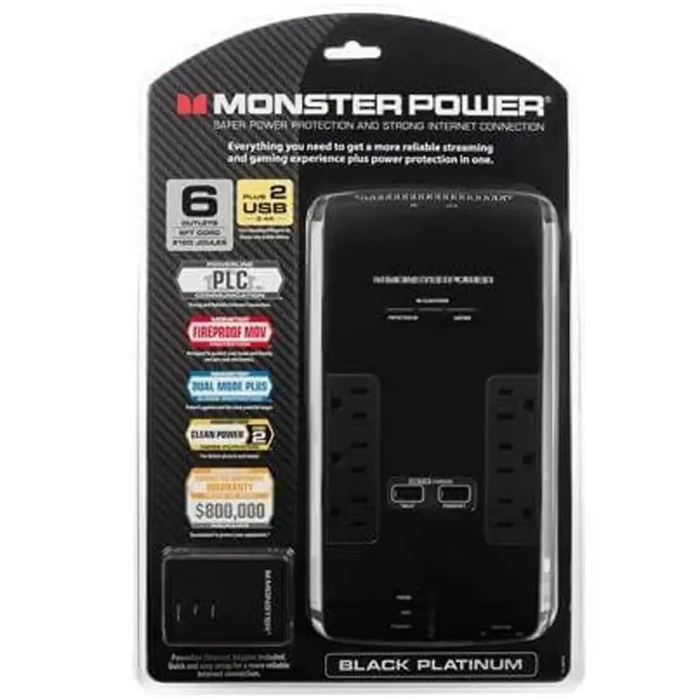 Monster Power 6 AC Outlets 2 USB 3.4Amp Ports and Coaxial In-Out Surge Protector