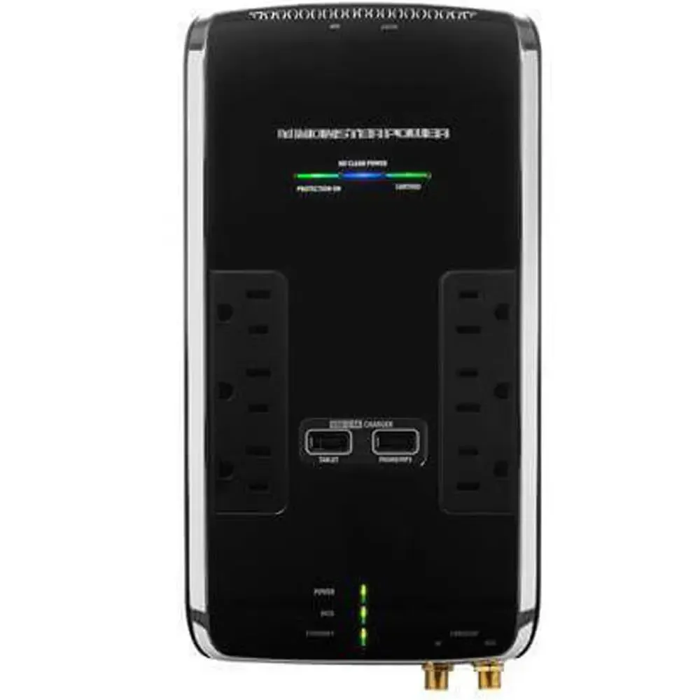 Monster Power 6 AC Outlets 2 USB 3.4Amp Ports and Coaxial In-Out Surge Protector