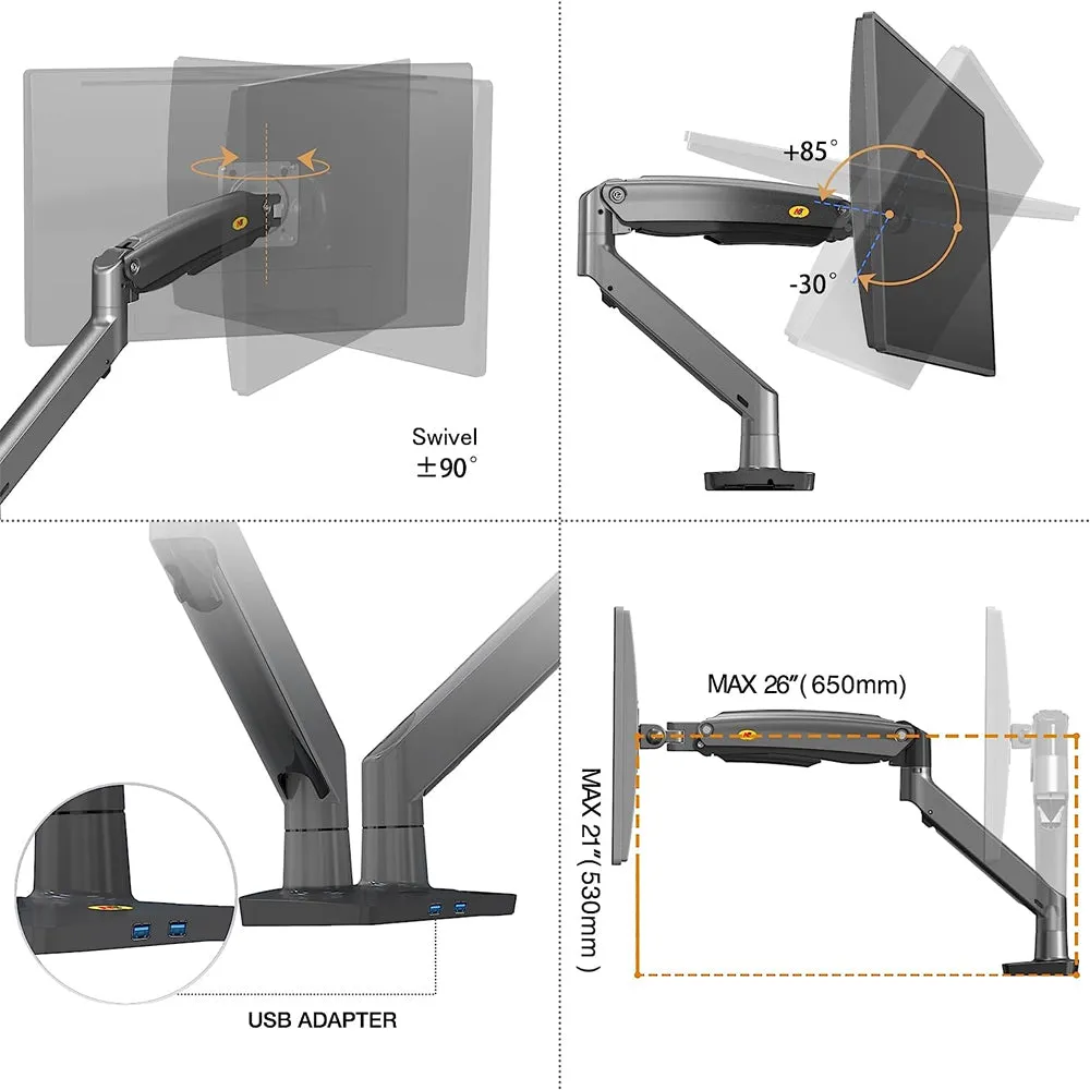 North Bayou NB G75 22-32 inch Full Swivel Gas Strut Arm Monitor Desk Stand with Desktop Pedestal Mount, Universal LCD, LED Flat Screen Smart TV, PC Monitor Mounting Bracket