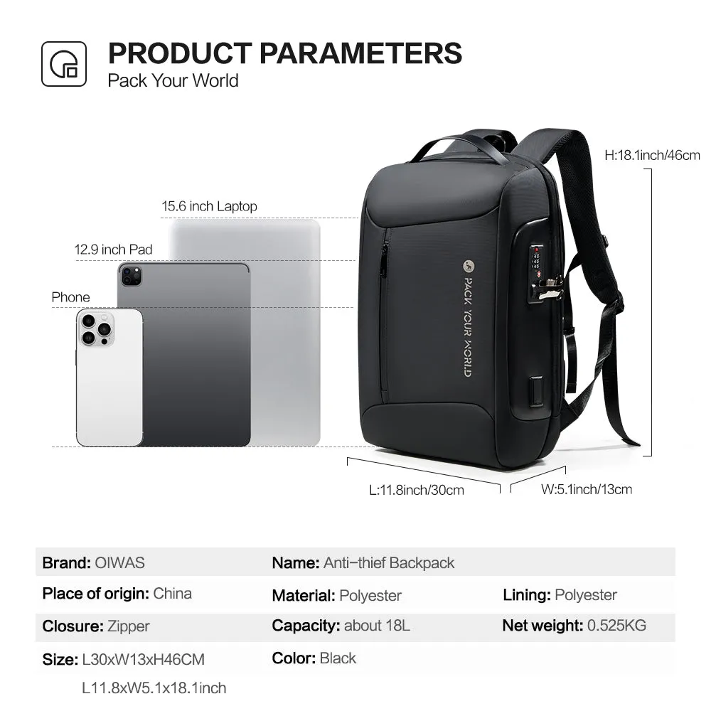 OIWAS Anti-Theft Backpack with Password Lock & USB Charging Port
