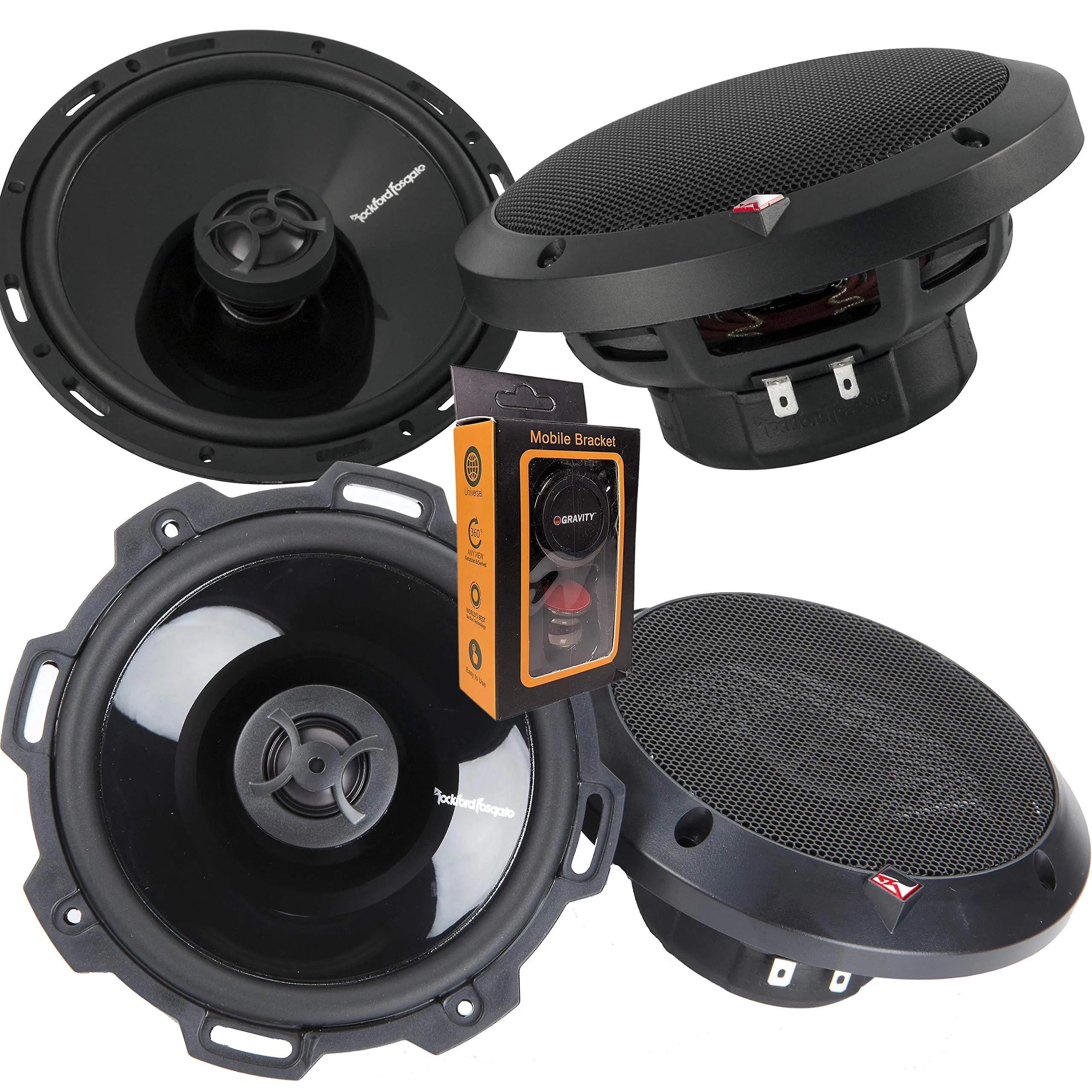 Pair of Rockford Fosgate Punch P1650 6.5" 220W 2-Way   P152 5.25" 2-Way Full Range Coaxial Speakers - 4 Speakers   Gravity Magnet Phone Holder