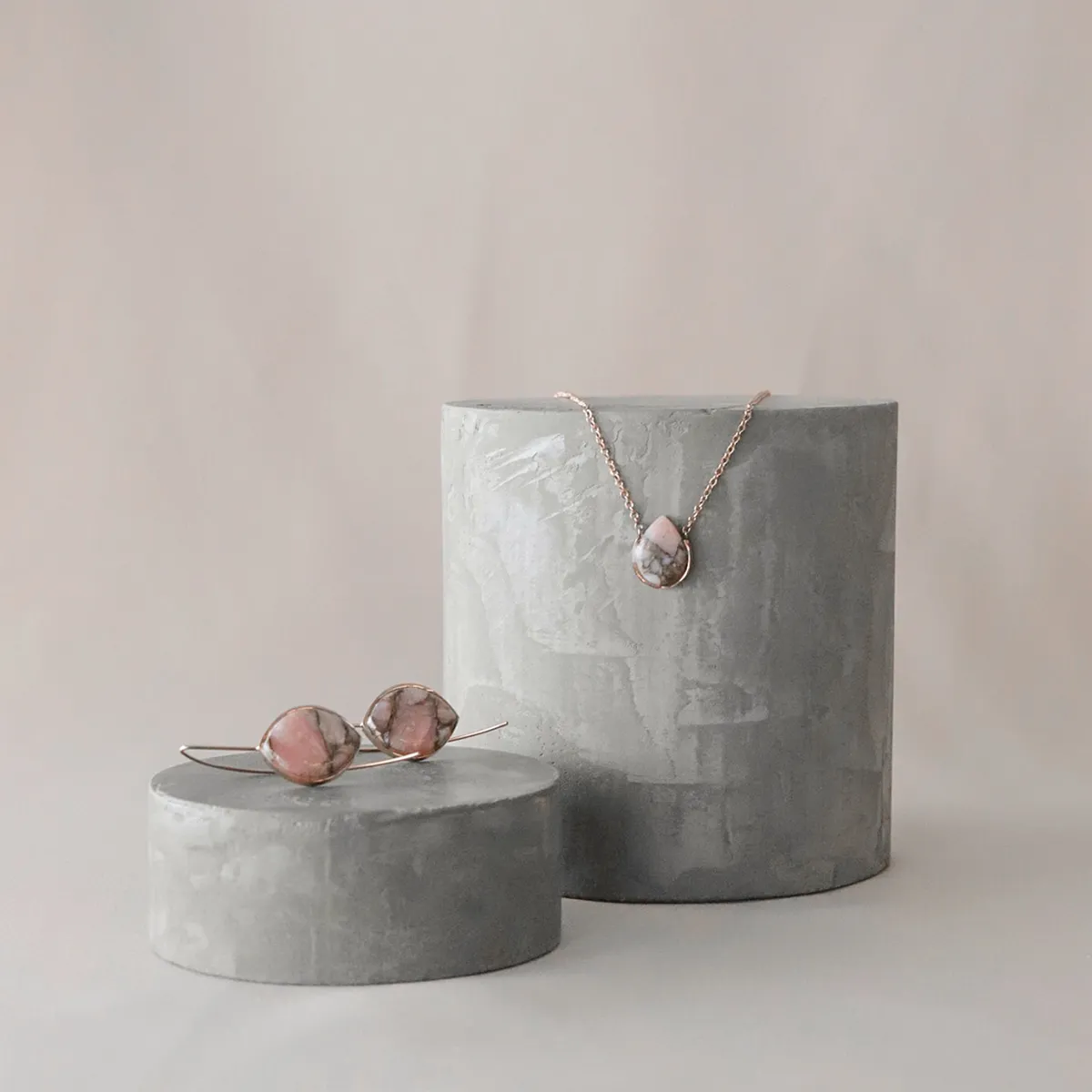 Pink Opal Copper Stone Earrings (Curved)