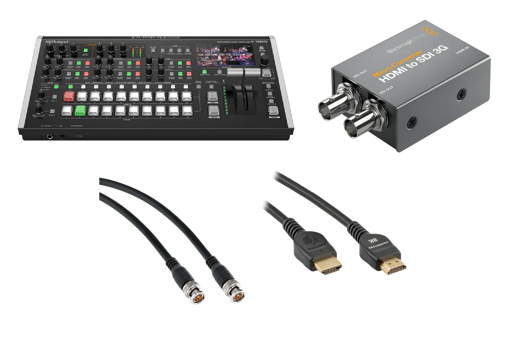 Roland V-160HD Streaming Video Switcher Bundle with Blackmagic Design Micro Converter   HDMI to SDI 3G 8K HDMI Cable   Pearstone 25' SDI Video Cable (BNC to BNC)