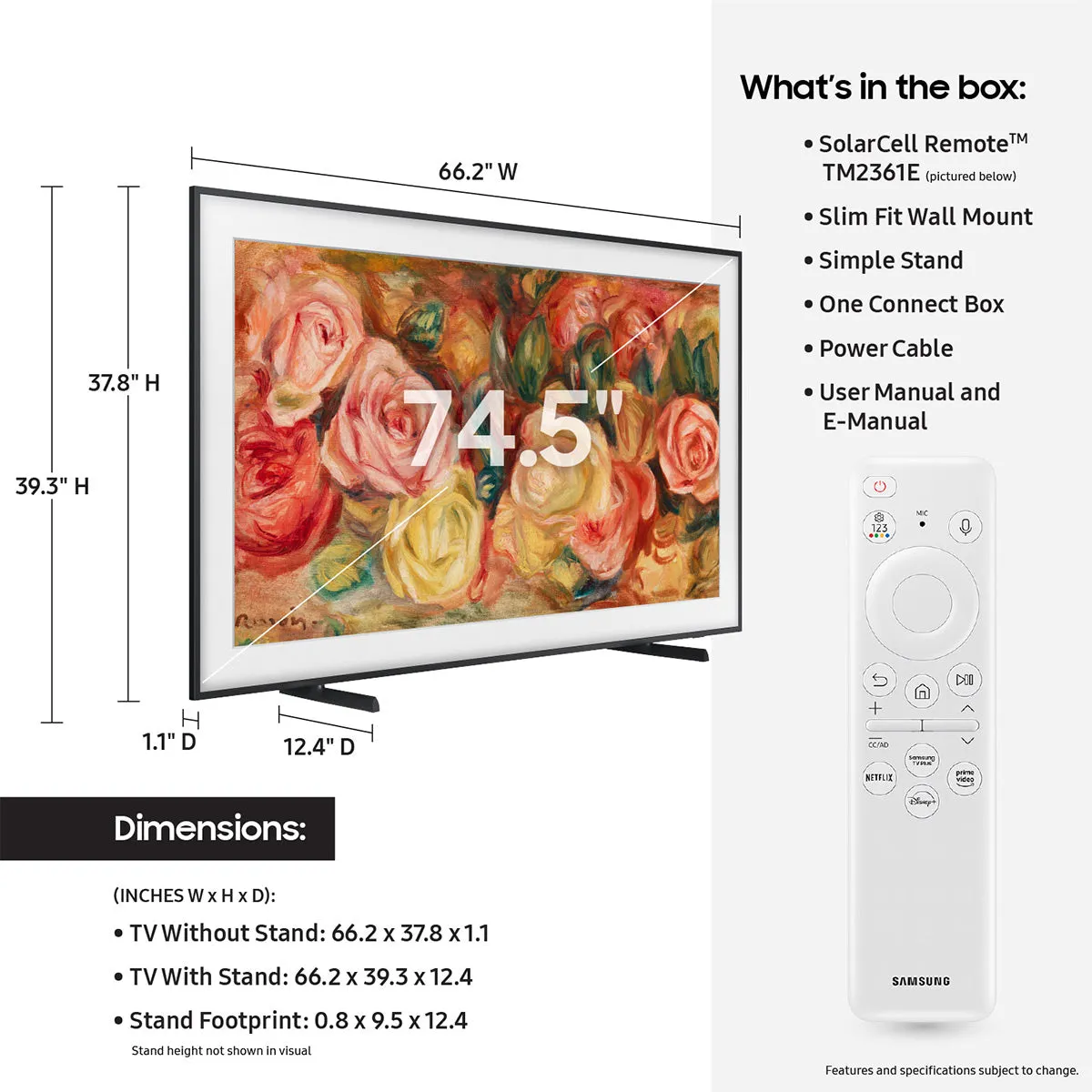 Samsung LS03D 75" The Frame QLED 4K HDR Smart TV with Slim-Fit Wall Mount (2024) and HW-LS60D Music Frame Bluetooth Speaker with Wall Mount