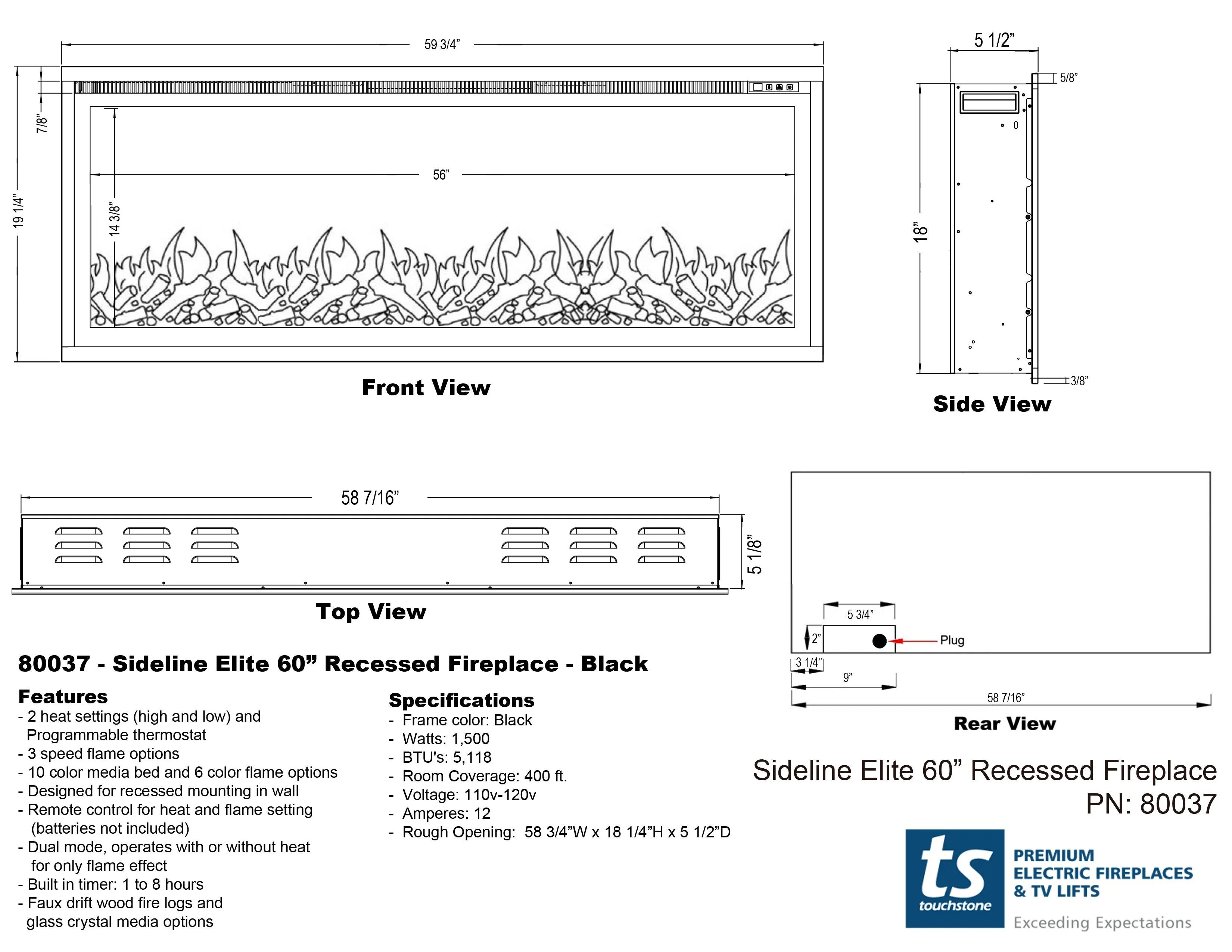 Sideline Elite 60 Inch Recessed Smart Electric Fireplace 80037