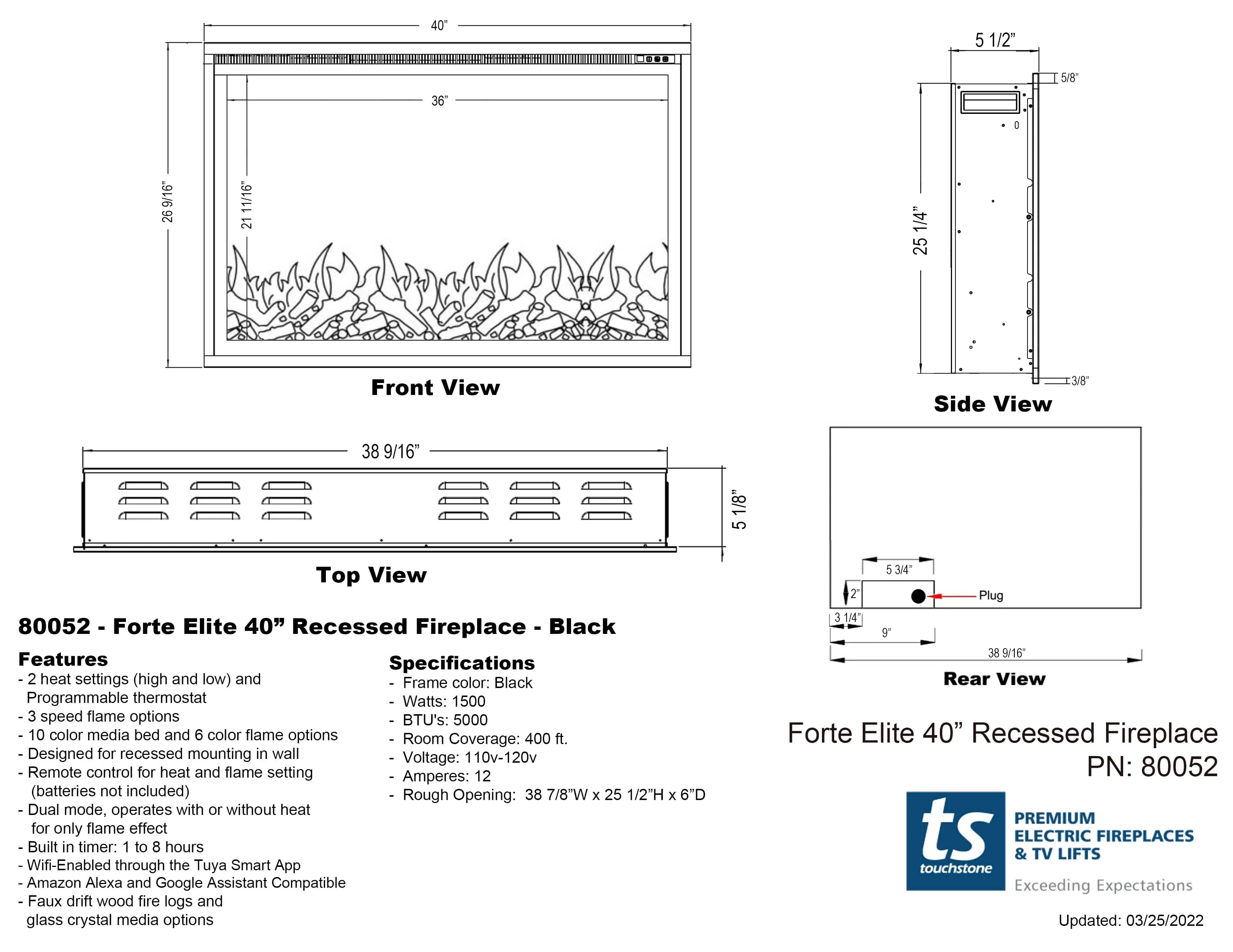 Sideline Elite Smart 80052 Forte 40 Inch WiFi-Enabled Recessed Electric Fireplace (Alexa/Google Compatible) Refurbished
