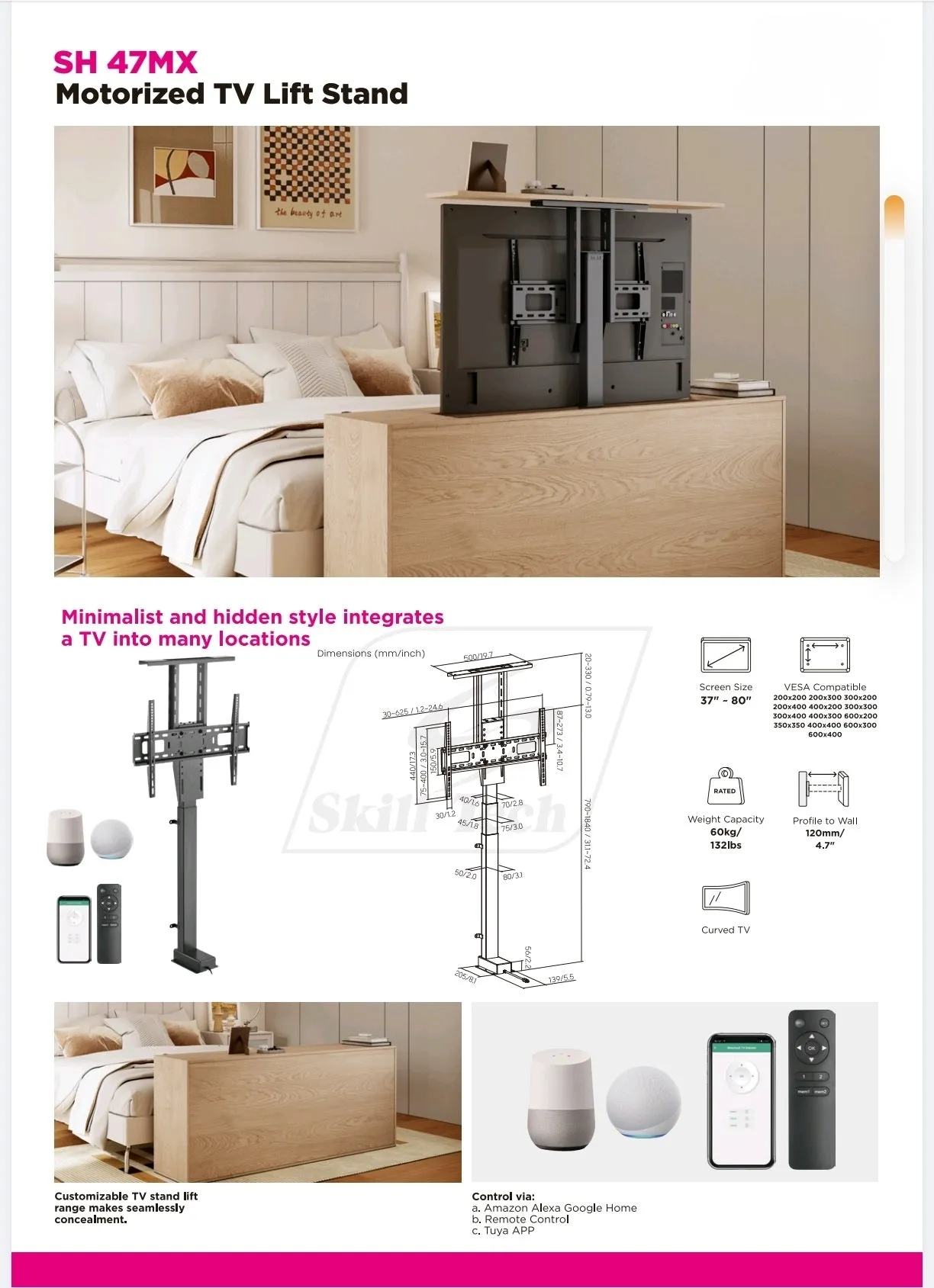 Smart Large Motorized Tv Lift Stand With Voice & App Control - SH 47MX (Fits Most 37" ~ 80" Screen, Weight Capacity 60kg)