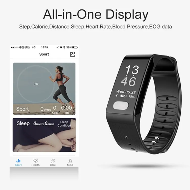 TLW T6 Fitness Tracker 0.96 inch OLED Display Wristband Smart Bracelet, Support Sports Mode / ECG / Heart Rate Monitor / Blood Pressure / Sleep Monitor (Black)