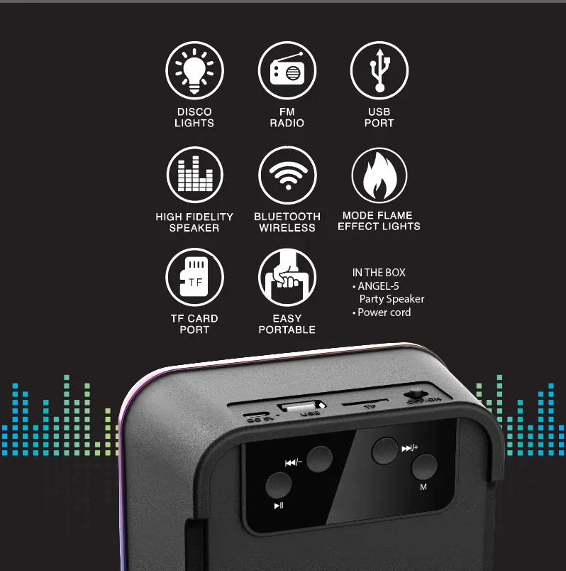 TOPTECH Angel-5 4" Bluetooth Speaker, 360° Stereo Sound, Flame Lights, 6 Hr Playtime