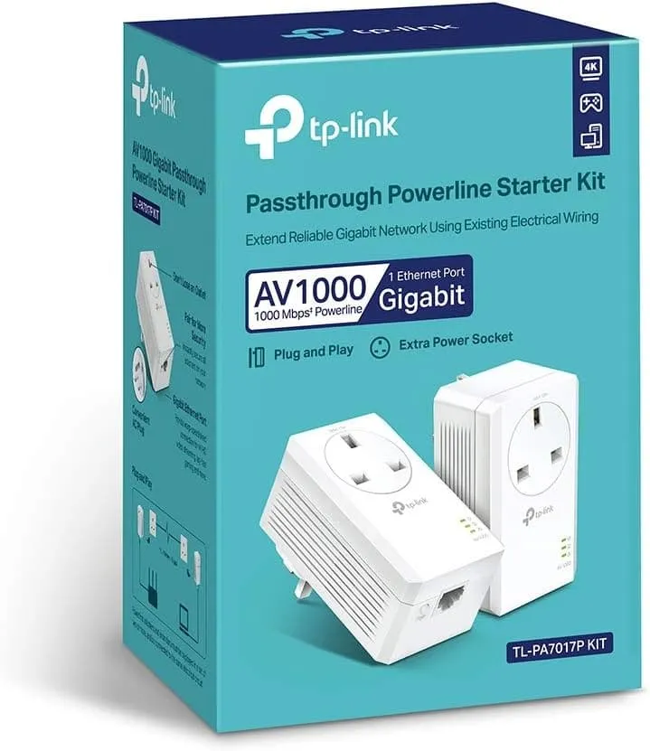 TP-Link TL-PA7017P KIT Gigabit Passthrough Powerline Starter Kit, Data transfer speed Up To 1000 Mbps, Ideal for HD/3D/4K video streaming and Online Gaming, No Configuration required, UK Plug