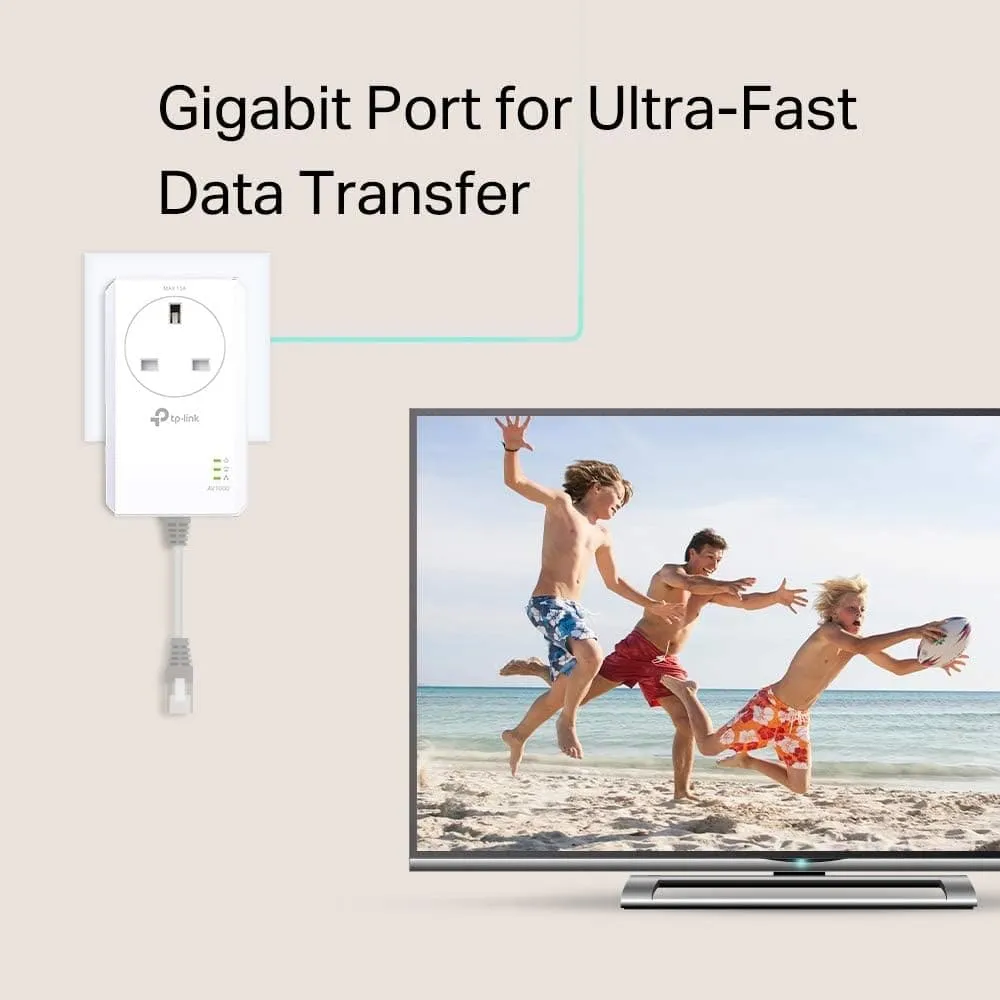 TP-Link TL-PA7017P KIT Gigabit Passthrough Powerline Starter Kit, Data transfer speed Up To 1000 Mbps, Ideal for HD/3D/4K video streaming and Online Gaming, No Configuration required, UK Plug