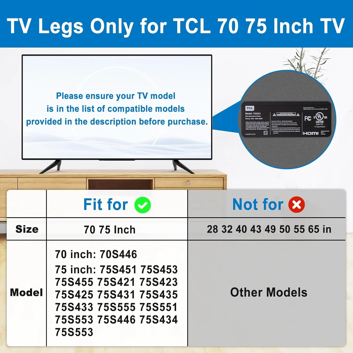 TV Stand for TCL Smart TV Stand Legs for 28 32 40 43 49 50 55 65 Inch with Screw