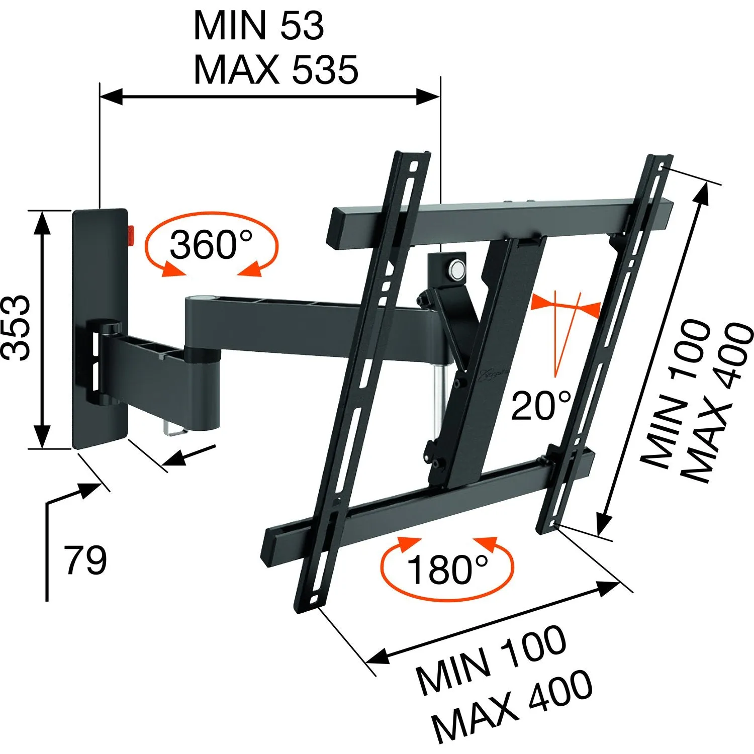 Vogel's WALL 3245 TV Wall Mount, 180 Articulating Swivel and Tilt for 32-55 inch TVs, Black