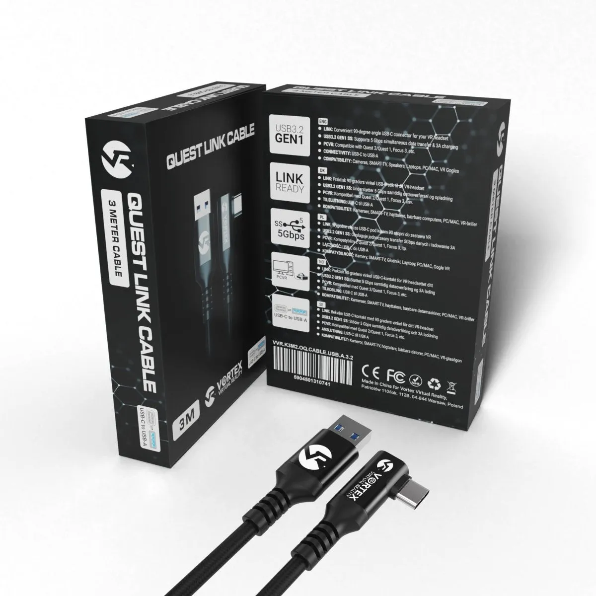 VortexVR cable 3m   Fastener | USB-A | for Quest 3 Quest 3S Quest 2