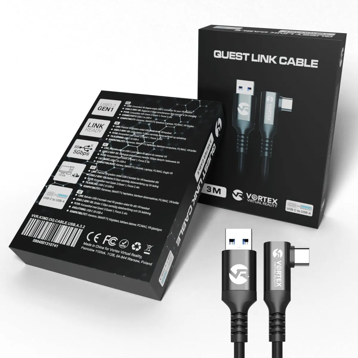 VortexVR cable 3m   Fastener | USB-A | for Quest 3 Quest 3S Quest 2