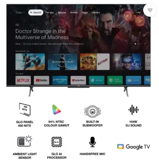 Vu 43 inch Glo LED Ultra Google TV 84 Watt  3 years warranty