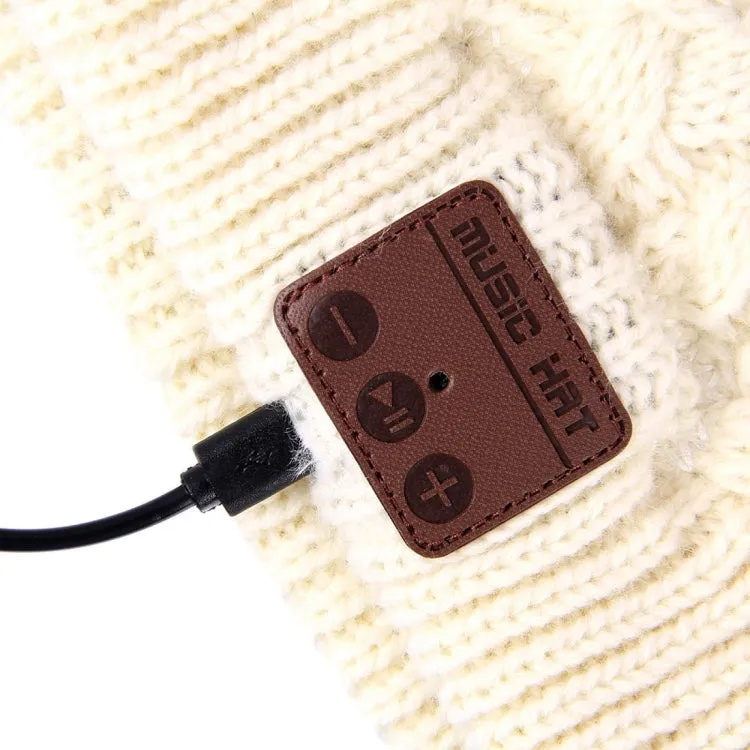 Wavy Textured Knitted Bluetooth Headset Warm Winter Beanie Hat with Mic for Boy & Girl & Adults(White)