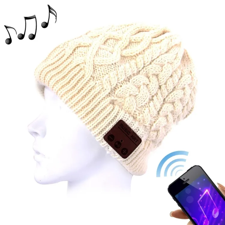 Wavy Textured Knitted Bluetooth Headset Warm Winter Beanie Hat with Mic for Boy & Girl & Adults(White)