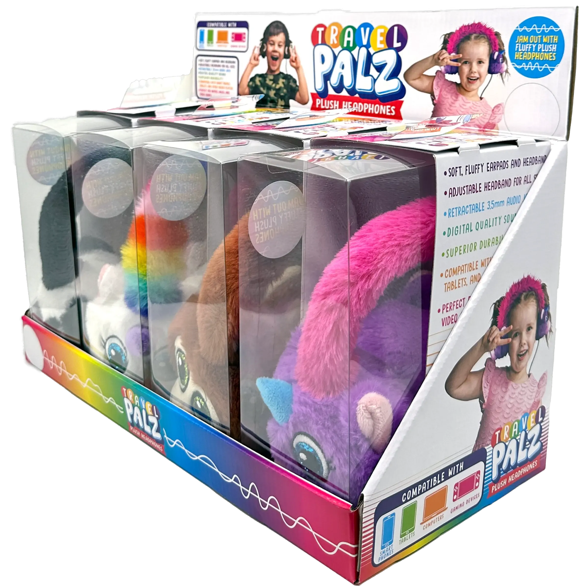 Wired Headphones Travel Pals Kids Plush with Retractable Cord - 4 Pieces Per Retail Ready Display 23699